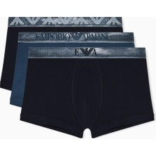 Emporio Armani Erkek Esnek Pamuklu Logo Detaylı Elastik Bel Bantlı Üçlü Paket Mavi Boxer EM000259 AF18886-MB396