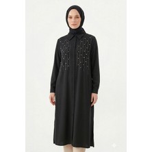 Lale Butik Levidor Önü Çizgili Taşlı Tunik Gömlek 210144 Siyah