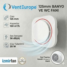 VentEurope Round 125 Bd – 12,5’luk Sessiz Yuvarlak Banyo Aspiratörü – Kapaklı ( Klapeli ) Damperli Havalandırma Fanı