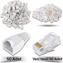 Derwell 50 Adet Yeni Nesil Ez RJ45 8P8C + 50 Adet Cover Beyaz Set RJ45 2in1 Cover Jak Set Jak Kılıfı Pabuç Internet Kablo Ucu Ethernet Soket Utp Konnektör Beyaz