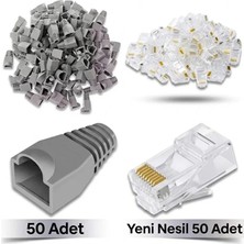 Derwell 50 Adet Yeni Nesil Ez RJ45 8P8C + 50 Adet Cover Gri Set RJ45 2in1 Cover Jak Set Jak Kılıfı Pabuç Internet Kablo Ucu Ethernet Soket Utp Konnektör Gri