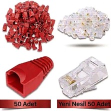 Derwell 50 Adet Yeni Nesil Ez RJ45 8P8C + 50 Adet Cover Kırmızı Set RJ45 2in1 Cover Jak Set Jak Kılıfı Pabuç Internet Kablo Ucu Ethernet Soket Utp Konnektör Kırmızı