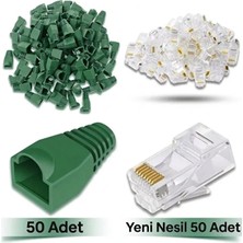 Derwell 50 Adet Yeni Nesil Ez RJ45 8P8C + 50 Adet Cover Yeşil Set RJ45 2in1 Cover Jak Set Jak Kılıfı Pabuç Internet Kablo Ucu Ethernet Soket Utp Konnektör Yeşil
