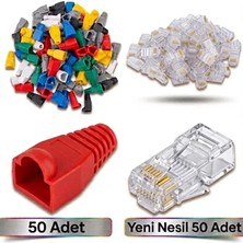 Derwell 50 Adet Yeni Nesil Ez RJ45 8P8C + 50 Adet Cover Renkli Set RJ45 2in1 Cover Jak Set Jak Kılıfı Pabuç Internet Kablo Ucu Ethernet Soket Utp Konnektör Rengarenk