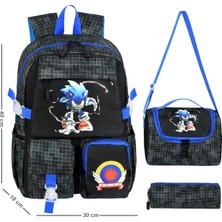 Niss Store Kore Kawai Siyah Sonic Temalı Erkek Ilkokul Çantası Termal Beslenme Çantası ve Kalemlik 3'lü Set