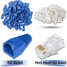 Derwell 50 Adet Yeni Nesil Ez RJ45 8P8C + 50 Adet Cover Mavi Set RJ45 2in1 Cover Jak Set Jak Kılıfı Pabuç Internet Kablo Ucu Ethernet Soket Utp Konnektör Mavi