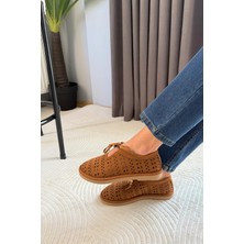 Preshley Kadın Geoo Taba Hakiki Deri Bağcık Detaylı Geometrik Delikli Babet