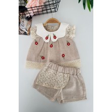 Miniğimin Cicileri Papatya Panç Işleme Desenli Dantel Detaylı Kız Bebek Pamuklu Takım - Bej