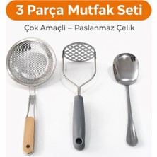 Shopping Fashion Mutfak Gereçleri 3’lü Set – Çelik Kevgir, Patates Ezici, Servis Kaşığı Paslanmaz