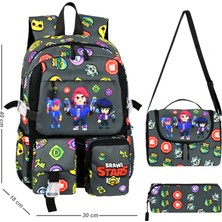 Niss Store Kore Kawaii Brawl Stars Temalı Erkek Çocuk Ilkokul Çantası Termal Beslenme Çantası ve Kalemlik Set