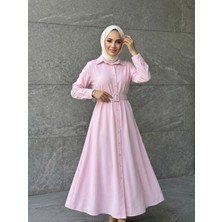 Miostil Kaplama Kemer Detay Elbise-Pembe