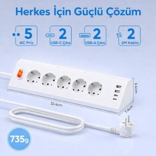 Smayling Akım Korumalı 5’li Köşe Çoklu Priz 2 Usb-A 2 Usb-C Gece Lambalı Dokunmatik 2 Metre Kablo 3680W