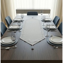 Leada Project Modern Keten Karışımlı Püsküllü Masa Runner - Antrasit & Gri Renkli Kenar Dikişli 146 x 44 cm