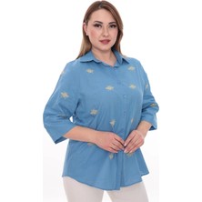 Lady Majestic Büyük Beden Kadın Gömlek %100 Pamuk Arı Nakış Detaylı Rahat Kesim Şık Günlük Gömlek