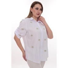 Lady Majestic Büyük Beden Kadın Gömlek %100 Pamuk Arı Nakış Detaylı Rahat Kesim Şık Günlük Gömlek
