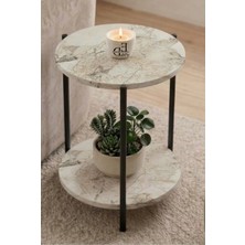 ED Efelez Design Yan Sehpa , Dekoratif 2 Katlı Sehpa , Çiçeklik , Daisy Yan Sehpa , Siyah Metal - Beyaz Mermer Tabla