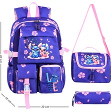 Niss Store Kore Kawai Mor Stitch Stiç Temalı Kız Çocuk Ilkokul Çantası Termal Beslenme Çantası ve Kalemlik Set