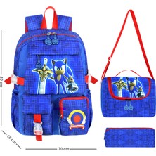 Niss Store Kore Kawai Mavi Sonic Temalı Erkek Ilkokul Çantası Beslenme Çantası ve Kalemlik Hediyeli 3'lü Set