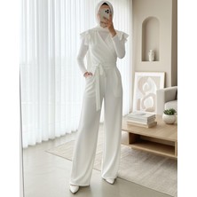 Modamorfo Fermuar Detaylı Fırfırlı Tulum   -Beyaz