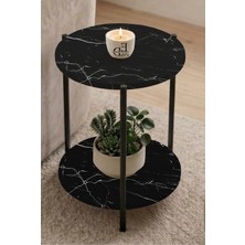 ED Efelez Design Yan Sehpa , Dekoratif 2 Katlı Sehpa , Çiçeklik , Daisy Yan Sehpa , Siyah Metal - Siyah Mermer Tabla