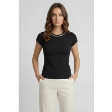 Curvy Trend Yaka Taş Işlemeli Bisiklet Yaka Basic Kısa Kol Bluz
