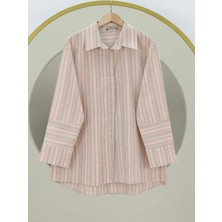 Modamorfo Arkası Uzun Kabartma Çizgili Oversize Gömlek -Vizon