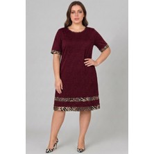 Curvy Trend Büyük Beden Kol Ucu ve Eteği Leopar Garnili Kısa Kol Viskon Elbise