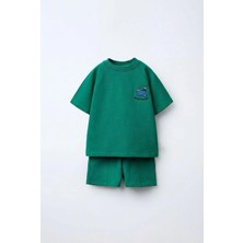 Magu Unisex Çocuk Pamuklu Yeşil Gergedan Nakışlı T-Shirt Şort Takım