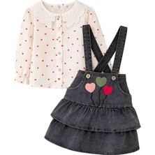 Kız Çocuk Kalpli Salopet Etek & Gömlek Takım