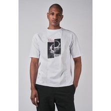 Ex-pent Erkek Beyaz Dijital Baskılı Poplin Garnili Regular Kalıp Pamuklu T-Shirt