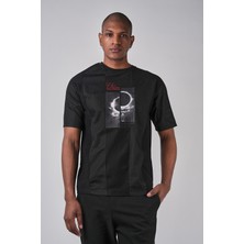 Ex-pent Erkek Siyah Dijital Baskılı Poplin Garnili Regular Kalıp Pamuklu T-Shirt