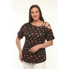 Curvy Trend Büyük Beden Gül Desenli Asimetrik 3 Askı Biyeli Kısa Kol Bluz