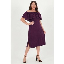 Curvy Trend Büyük Beden Madonna Yaka Yırtmaçlı Viskon Elbise