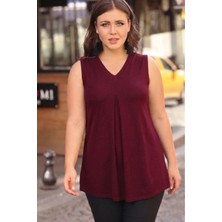 Curvy Trend Büyük Beden V Yaka Önü Pliseli Kolsuz Bluz