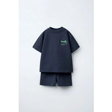 Magu Unisex Çocuk Pamuklu Lacivert Timsah Nakışlı T-Shirt Şort Takım