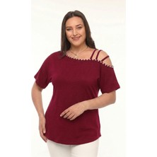 Curvy Trend Büyük Beden Inci Işlemeli Asimetrik 3 Askı Biyeli Kısa Kol Bluz