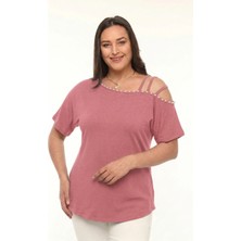Curvy Trend Büyük Beden Inci Işlemeli Asimetrik 3 Askı Biyeli Kısa Kol Bluz