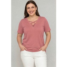 Curvy Trend Büyük Beden V Yaka Çapraz Bantlı Kısa Kol Bluz