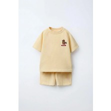 Magu Unisex Çocuk Pamuklu Açık Sarı Nakışlı T-Shirt Şort Takım