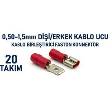 Tork 0,50MM – 1,5mm Mavi Faston Uç Takımı 20 Takım | Izoleli Erkek Dişi Kablo Bağlantı Terminali