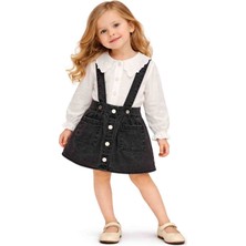 Kız Çocuk Dantelli Yaka Bluz & Askılı Kot Etek Takım