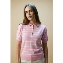 Shophia Polo Yaka Çizgili Kısa Kollu Kadın Triko Tişört