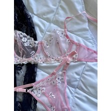 Ecs Butik Çiçek Nakışlı Desteksiz Balenli Tül Sütyen & Tanga Takımı