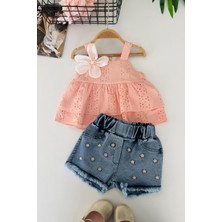Miniğimin Cicileri Çiçek Aplikeli Güpür Detaylı Kız Bebek Kot Şortlu 2’li Takım - Somon