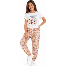 Bonito Kız Çocuk Floral Mood Yazı Desenli Tişört Çiçek Desenli Pantolonlu Pudra Renk İkili Takım