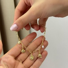 Deniz Figürleri Temalı Incili Charmlı Altın Kaplama Bileklik