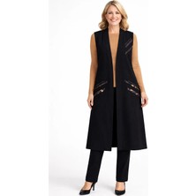 Mutlu City Kadın Orta Yaş Desenli Rahat Kalıp Volanlı Penye Anne Uzun Yelek 4329