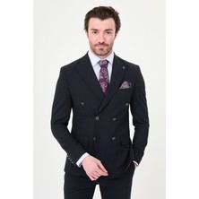 MCR Ekoseli Slim Fit Geniş Yaka Kruvaze Metal Düğmeli Premium Yün Erkek Takım Elbise