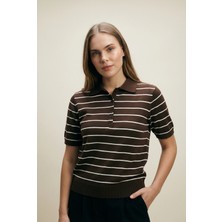 Shophia Kadın Polo Yaka Çizgili Kısa Kollu Triko Tişört %85 Viskon Kahverengi Fitted Stil