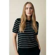 Shophia Kadın Polo Yaka Kısa Kollu Çizgili Triko Tişört %85 Viskon Siyah Renk Fitted Kesim